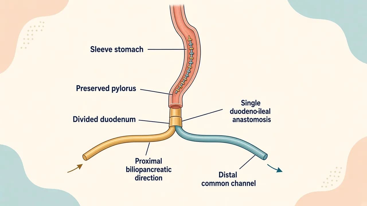 Medical illustration of sleeve anatomy connected through one duodeno-ileal anastomosis to a shortened absorptive bowel channel in SADI-S