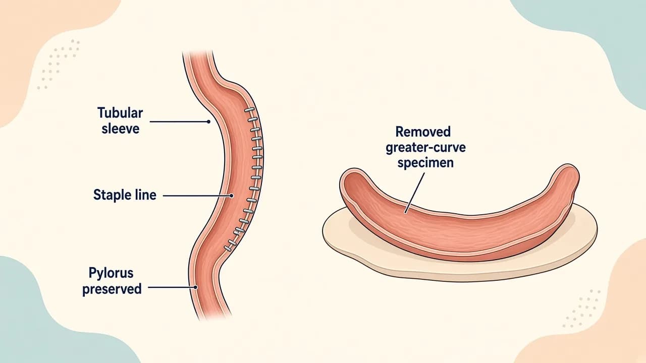 Medical illustration of the greater-curvature stomach removed to create a narrow gastric sleeve while leaving the intestine in continuity