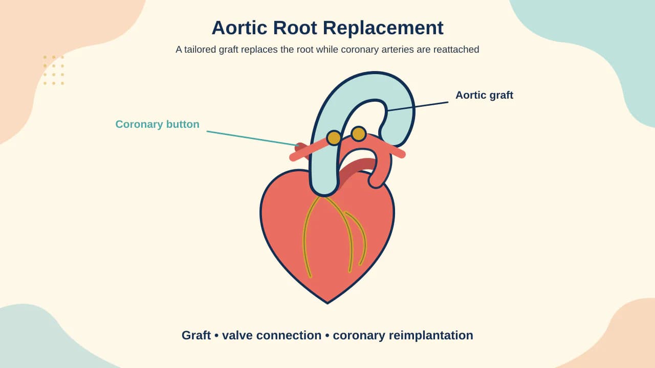 Medical illustration of an aortic root graft with reimplanted coronary buttons and valve-sparing and composite-valve alternatives