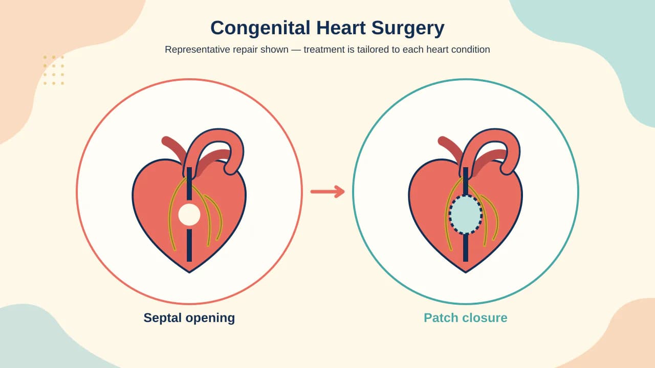 Medical illustration of individualized congenital heart pathways including septal repair, outflow reconstruction and staged circulation
