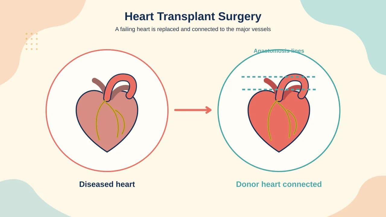 Medical illustration of formal transplant evaluation, deceased-donor allocation, donor-heart implantation and lifelong follow-up
