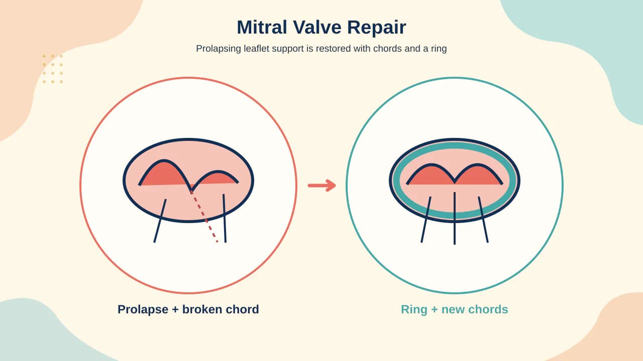 Medical illustration of mitral leaflet prolapse corrected with artificial chords and an annuloplasty ring