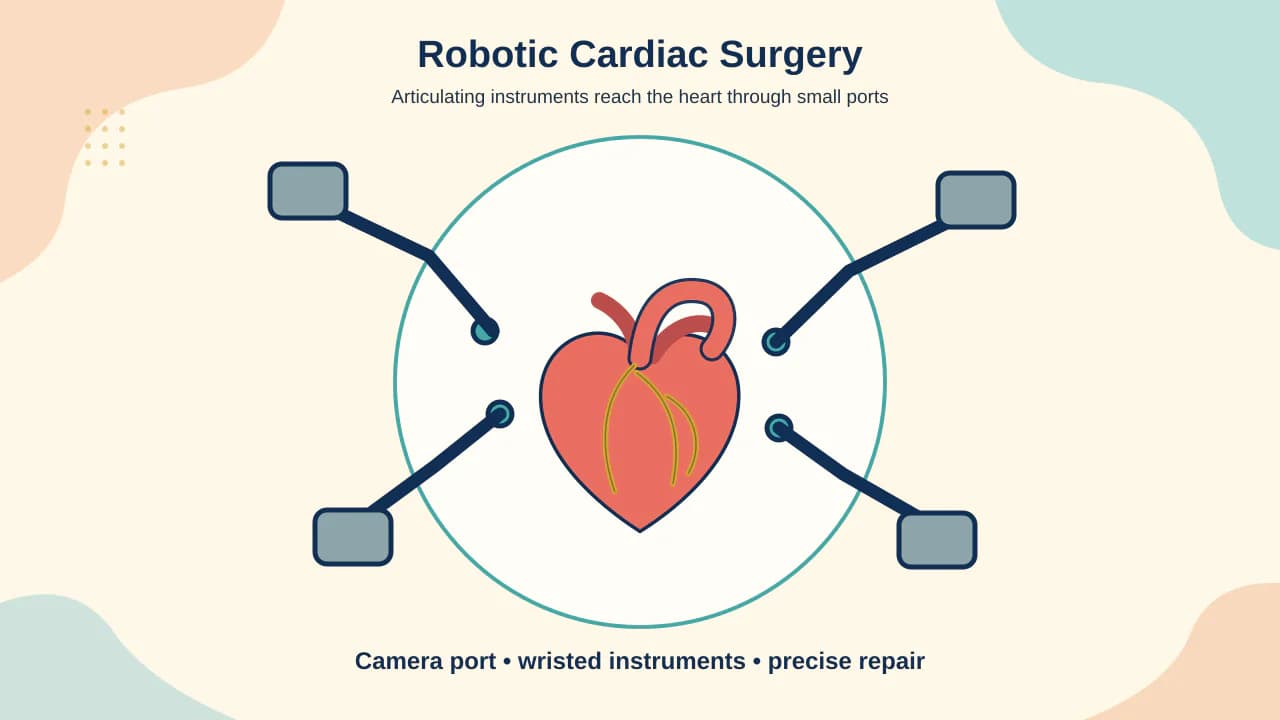 Medical illustration of console-controlled robotic instruments entering through chest ports for a selected mitral or coronary operation