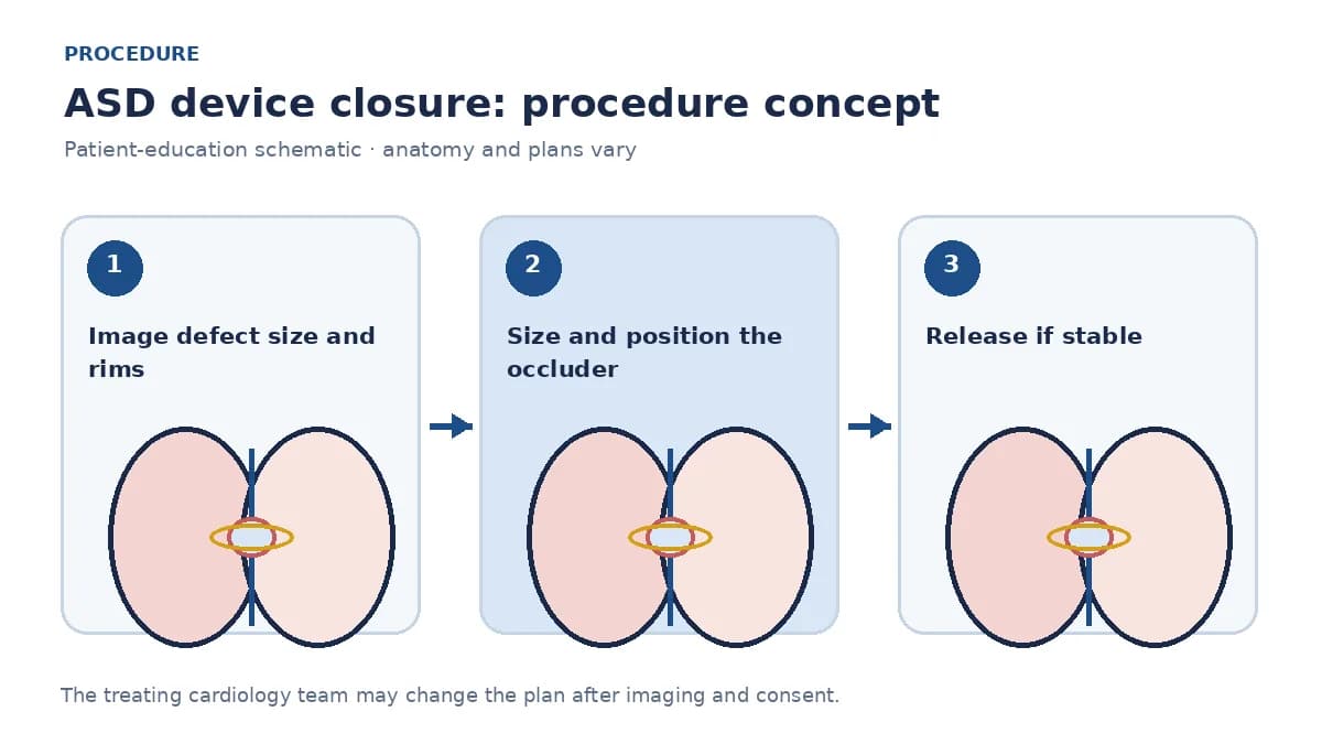 Clinical diagram of a catheter-delivered double-disc occluder spanning an atrial septal defect