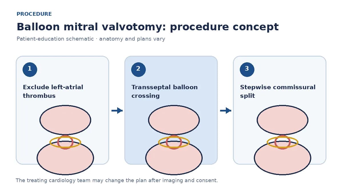 Clinical diagram of transseptal balloon inflation splitting mitral commissures during balloon mitral valvotomy
