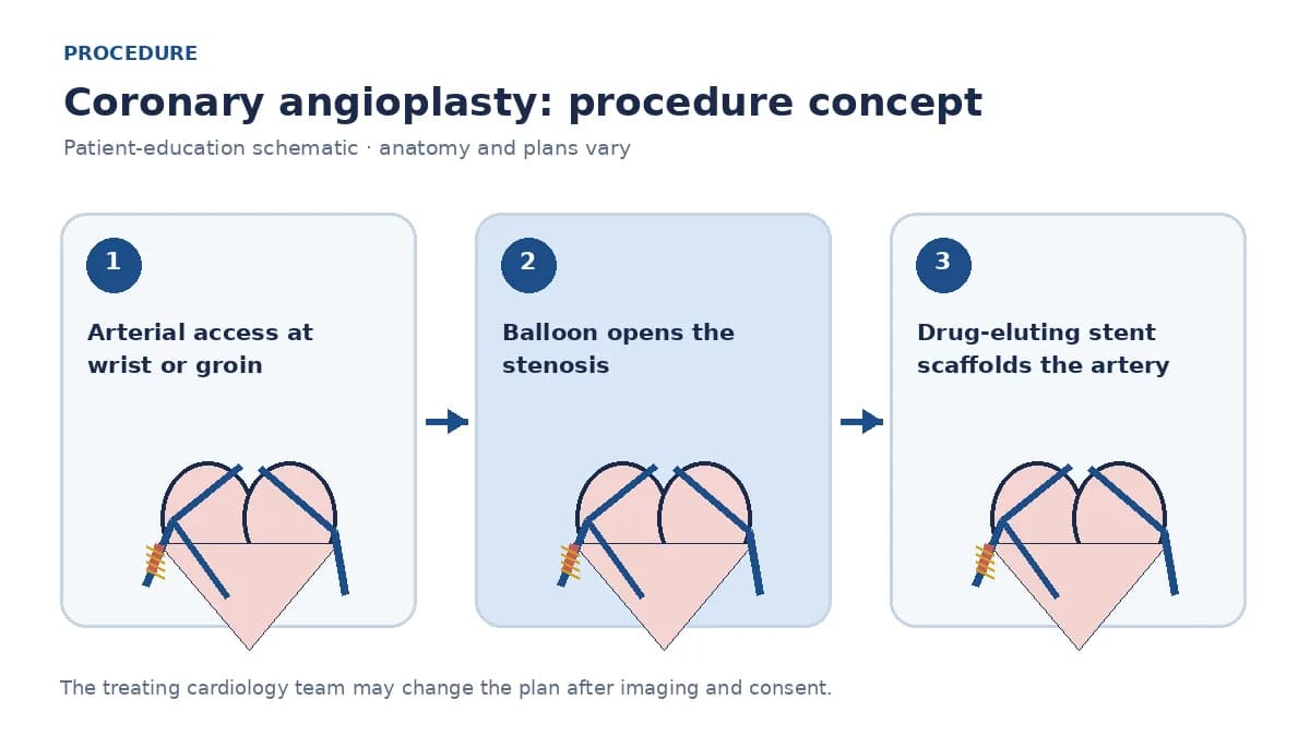 Clinical diagram showing catheter access, balloon dilatation and stent placement during coronary angioplasty