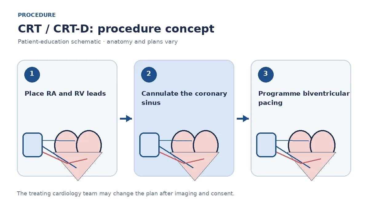 Clinical diagram of atrial, right-ventricular and coronary-sinus left-ventricular leads connected to a CRT generator