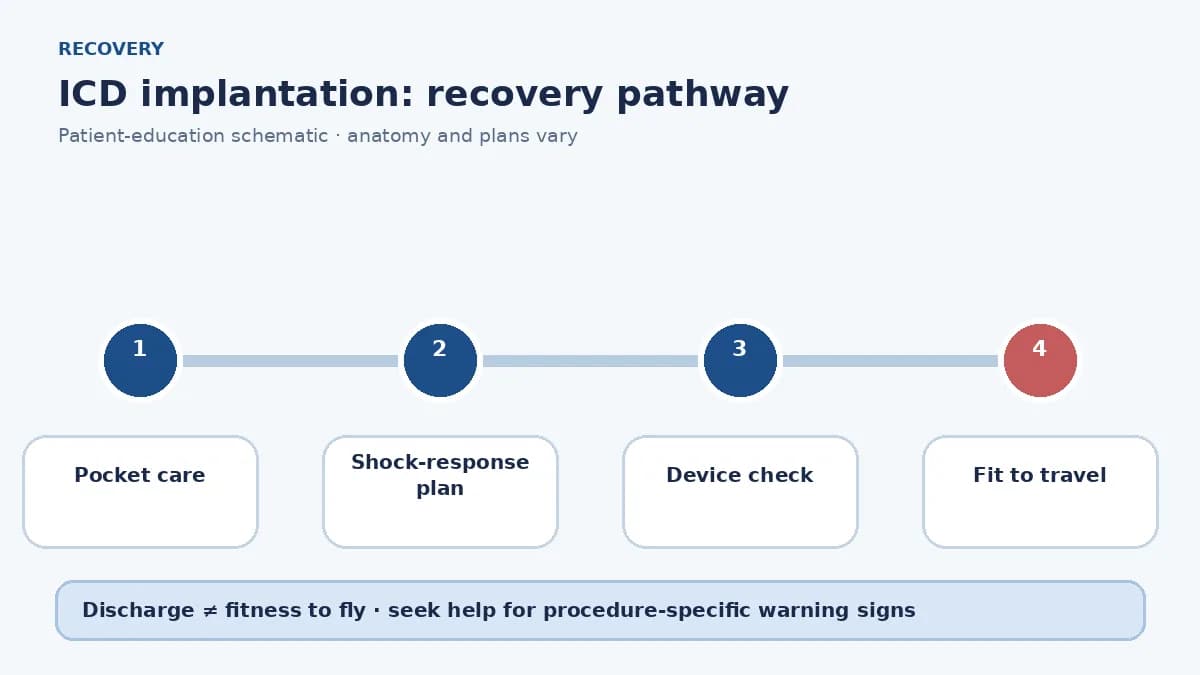 ICD recovery pathway showing pocket care, device interrogation, shock-response planning and travel clearance