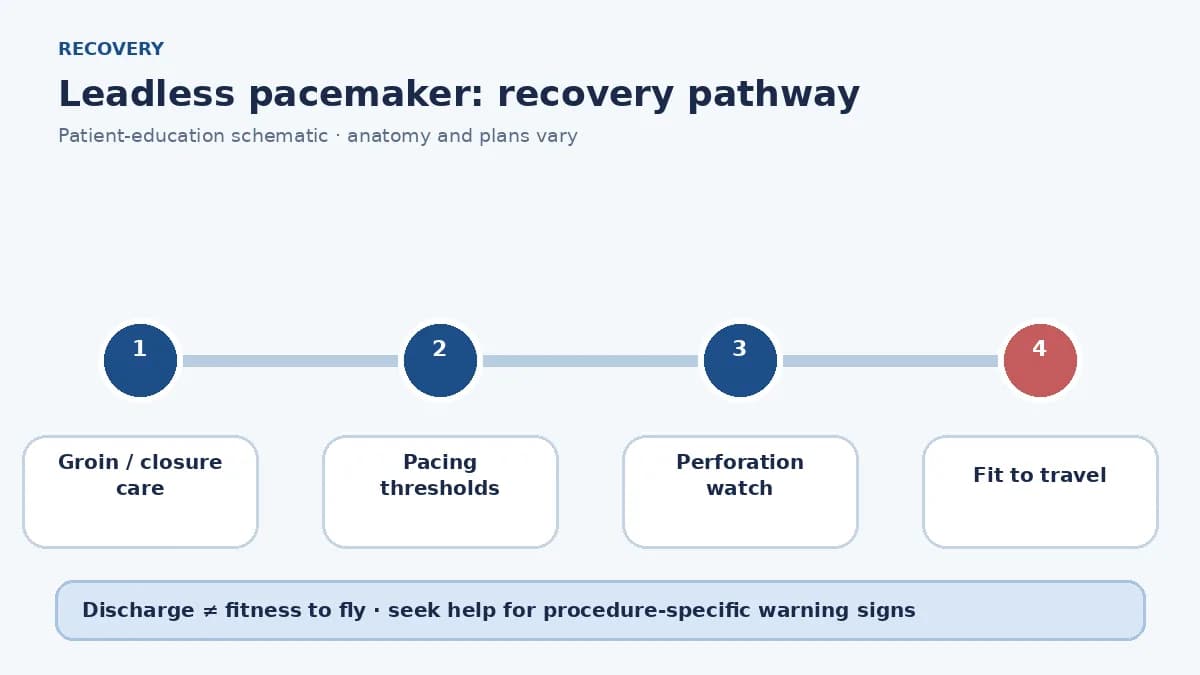 Leadless pacemaker recovery pathway showing large-bore groin care, pacing checks, perforation warning signs and travel clearance