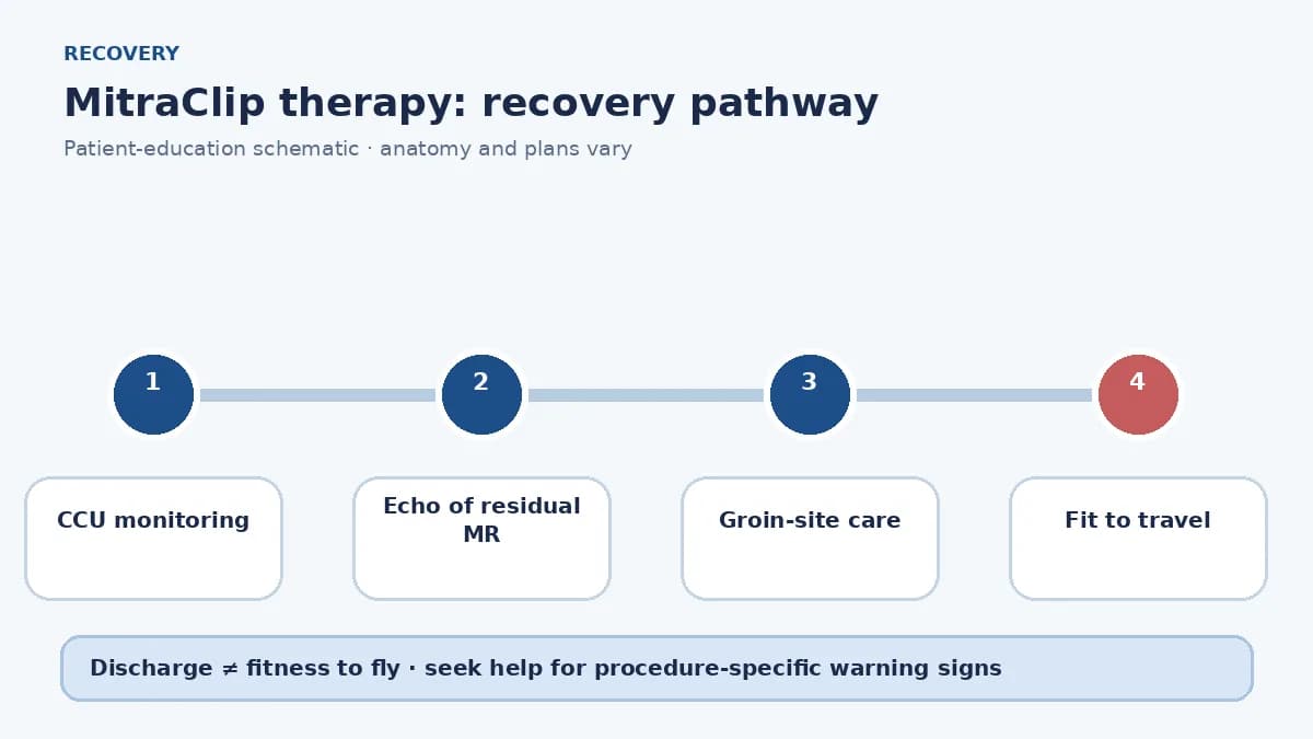 MitraClip recovery pathway showing CCU monitoring, echo review, groin care and travel clearance