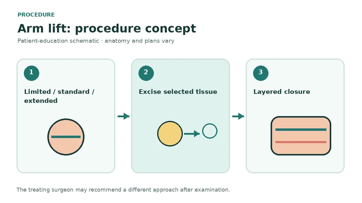 Clinical diagram comparing limited, standard and extended arm lift excision and scar patterns