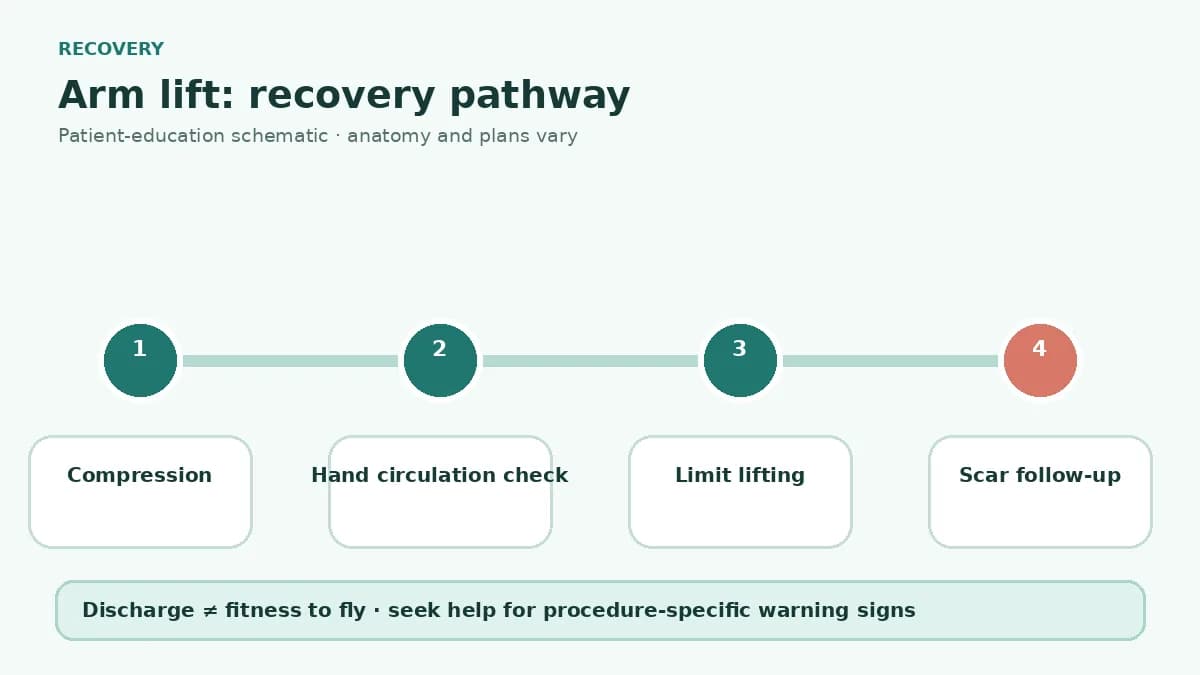 Arm lift recovery pathway showing compression, hand circulation and movement checks, lifting restrictions, wound care and scar follow-up