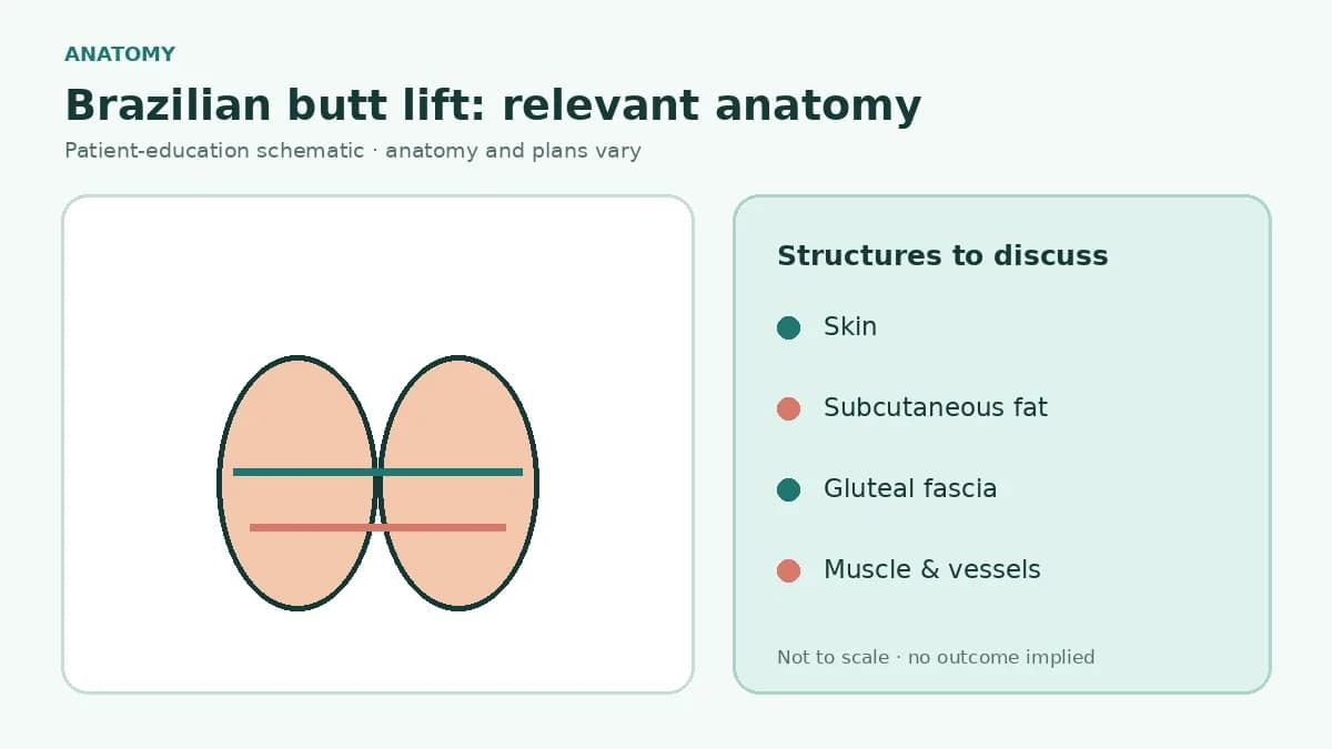 Medical cross-section showing buttock skin, subcutaneous fat, gluteal fascia, muscle and major vessels relevant to fat-grafting safety