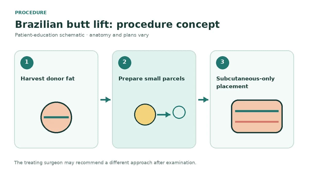 Clinical safety diagram showing donor fat harvest, processing and subcutaneous-only buttock placement above the gluteal fascia