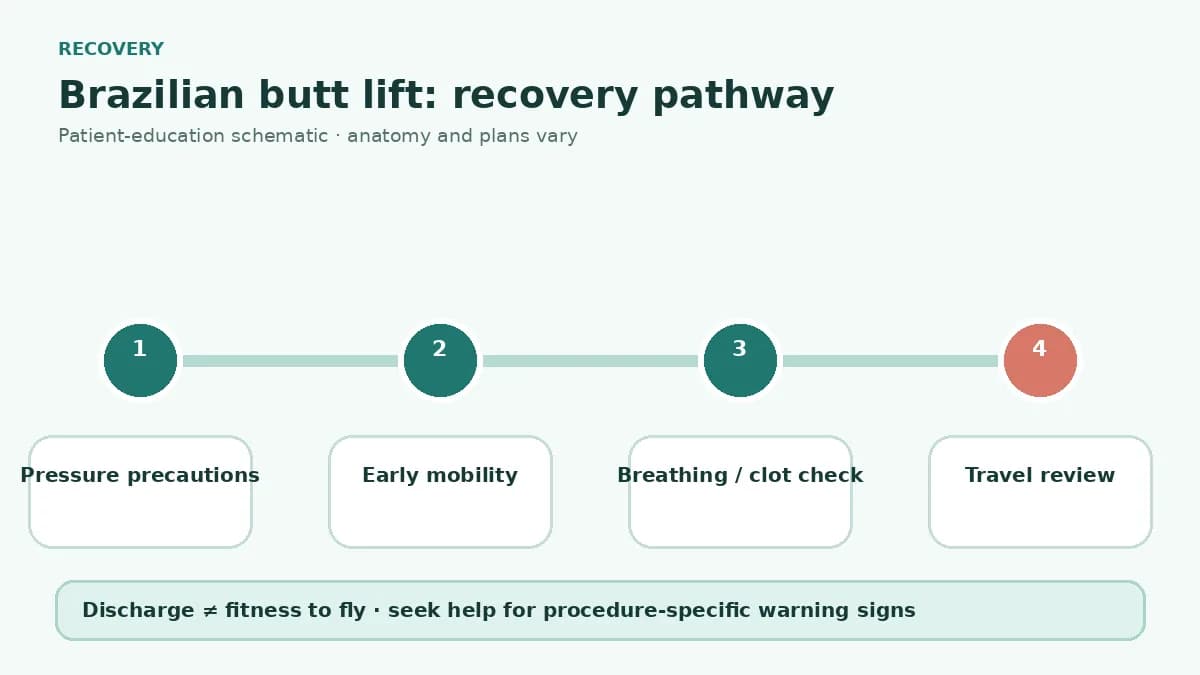 Brazilian butt lift recovery pathway showing donor garments, pressure precautions, early mobility, clot and breathing warning signs and travel review