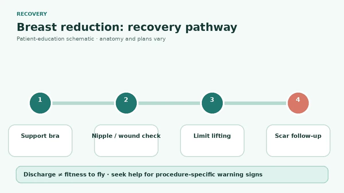 Breast reduction recovery pathway showing support bra use, nipple and wound checks, lifting restrictions and scar follow-up