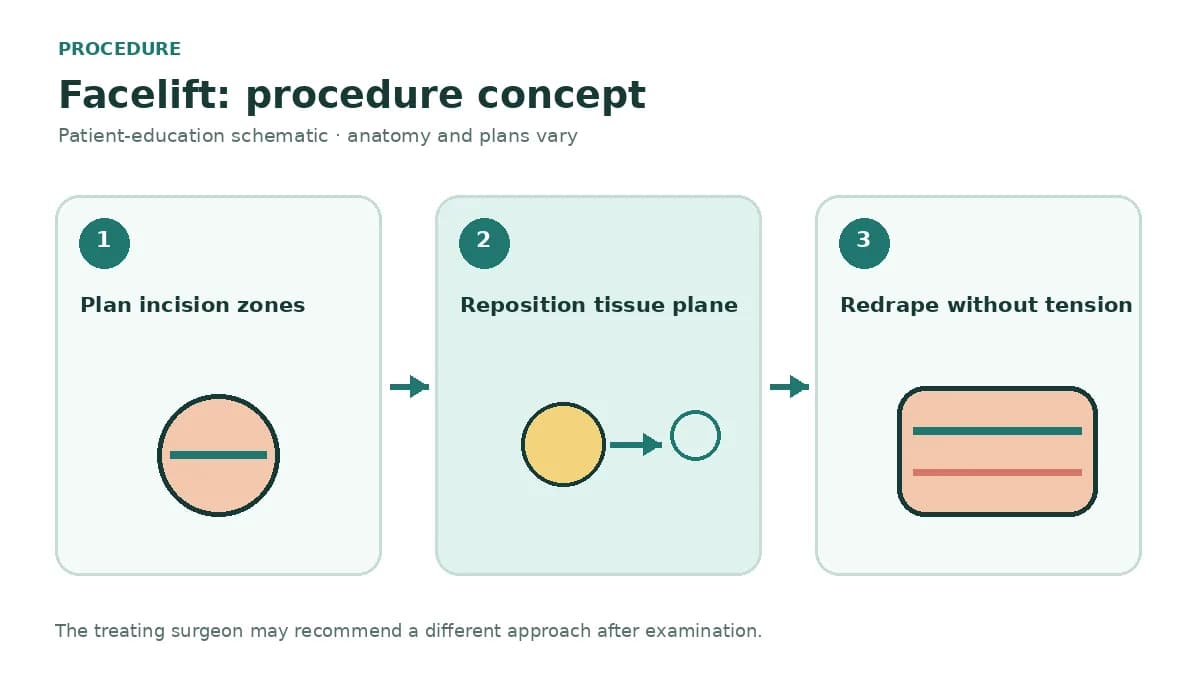 Clinical diagram showing incision zones and conceptual SMAS versus deeper tissue repositioning without depicting a guaranteed result