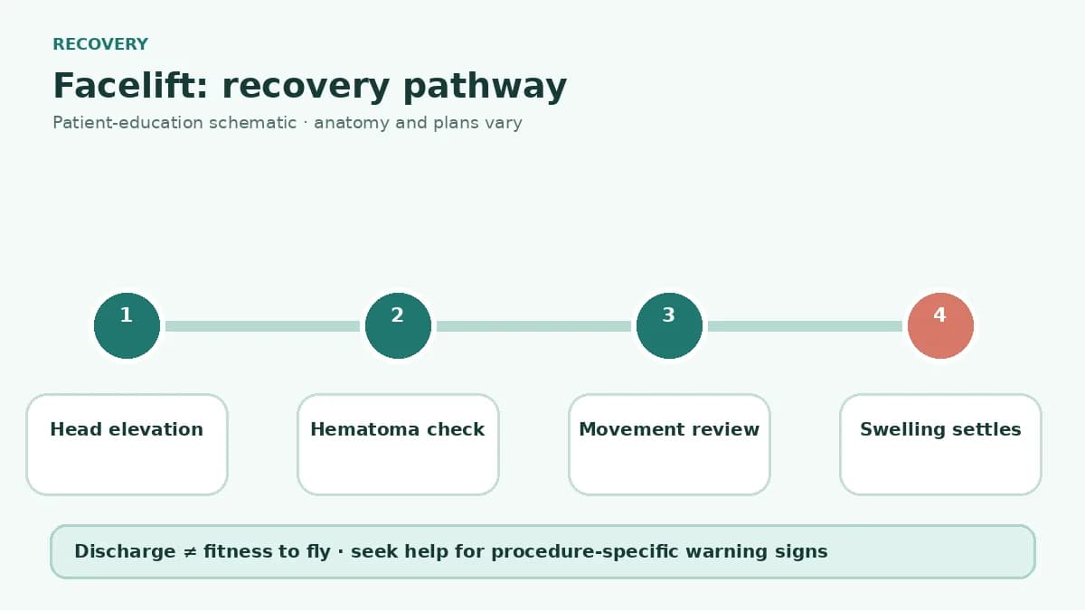Facelift recovery pathway showing hematoma checks, head elevation, wound and facial movement review, swelling and travel clearance