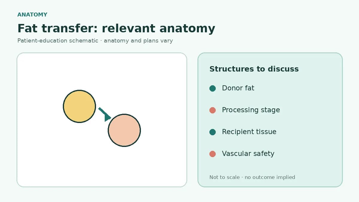 Medical illustration identifying donor subcutaneous fat and example facial, breast and body recipient tissue planes for fat transfer
