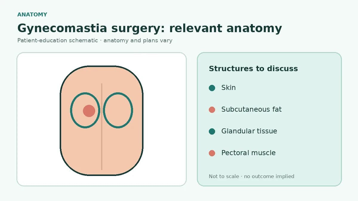 Medical cross-section showing male chest skin, subcutaneous fat, glandular tissue, nipple-areola, pectoral muscle and chest wall