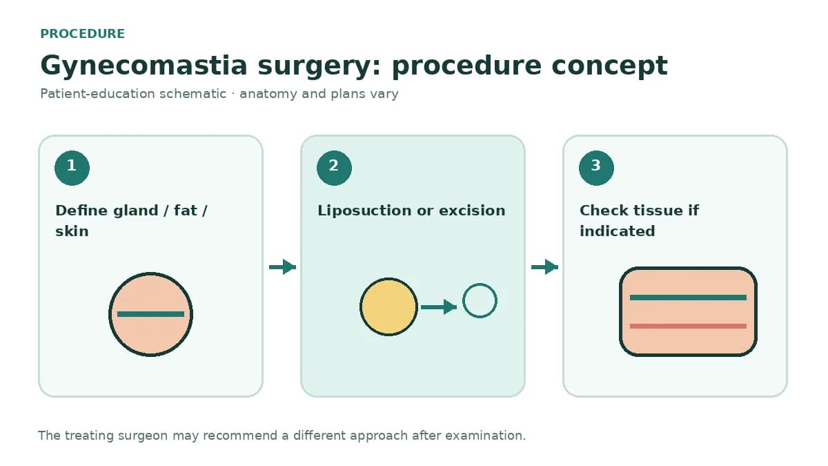 Clinical diagram comparing liposuction cannula treatment, periareolar gland excision and selected skin-reduction approaches
