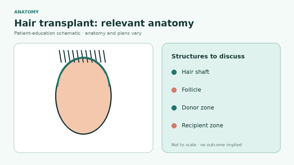 Medical scalp illustration showing follicle anatomy, donor zone, recipient zone and hair growth direction relevant to transplantation