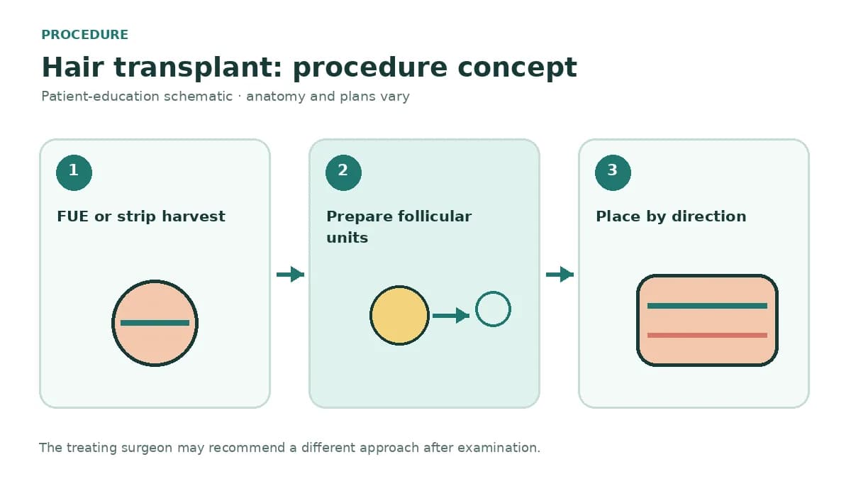 Clinical diagram comparing follicular unit extraction punches with strip harvesting and recipient-site placement