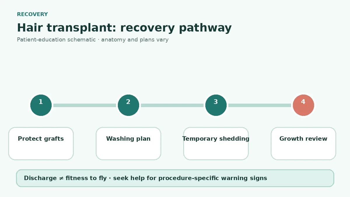 Hair transplant recovery pathway showing graft protection, washing, crusting, temporary shedding and staged growth review