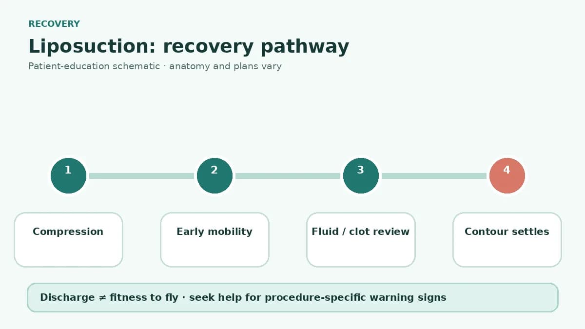 Liposuction recovery pathway showing compression garment care, early mobility, swelling monitoring and travel clearance
