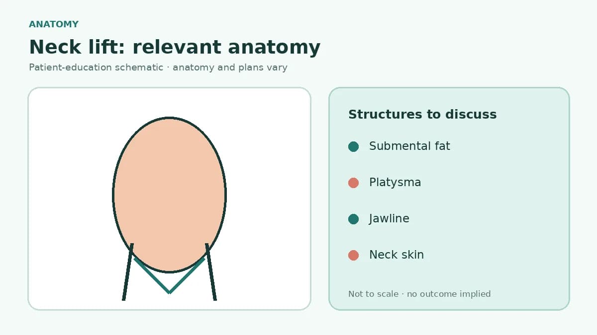 Medical side-view illustration showing submental fat, platysma, jawline, neck skin and deeper structures relevant to neck lift planning