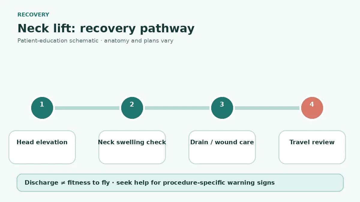 Neck lift recovery pathway showing head elevation, drain and hematoma checks, facial movement review and travel clearance