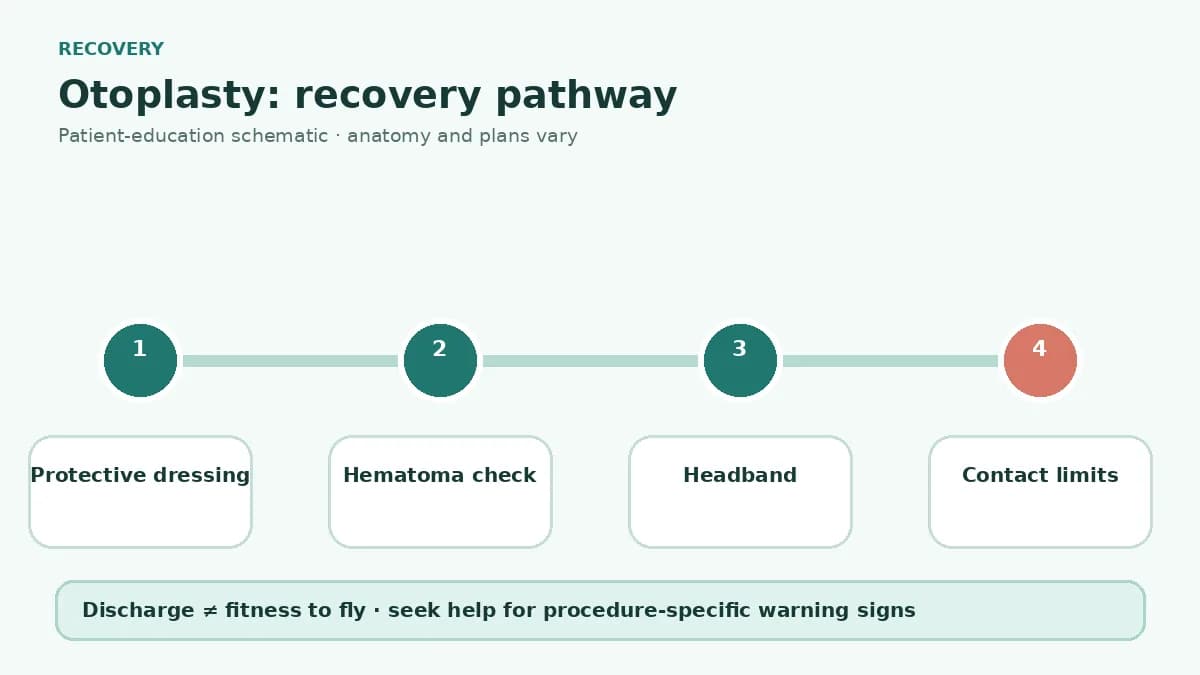Otoplasty recovery pathway showing protective dressing, headband use, hematoma and infection checks and return to contact activity