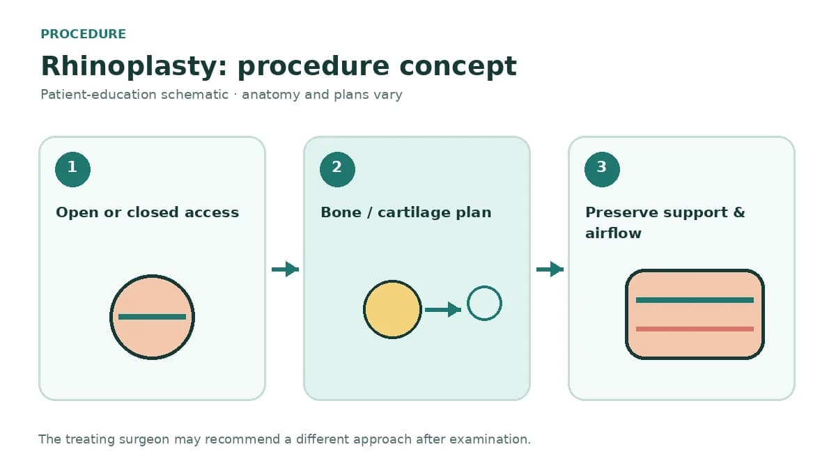 Clinical diagram comparing closed intranasal access with open columellar access and structural cartilage work during rhinoplasty
