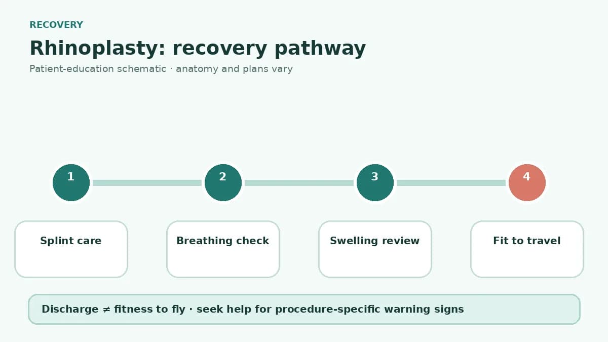 Rhinoplasty recovery pathway showing splint care, swelling review, breathing checks and individualized fitness to travel