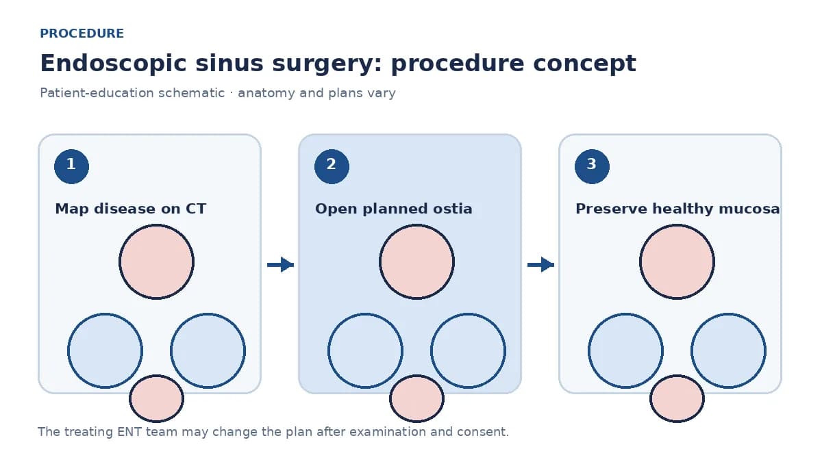 Clinical diagram of an endoscope passing through the nostril to open a blocked sinus ostium