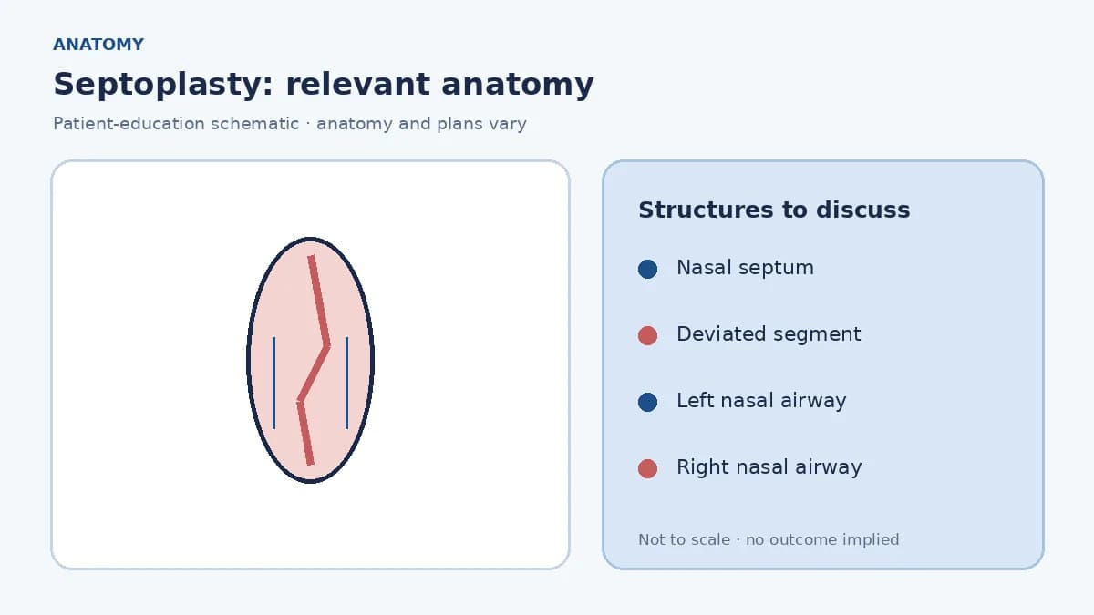 Medical illustration of a nasal septum dividing the nasal cavities and a deviation narrowing one airway
