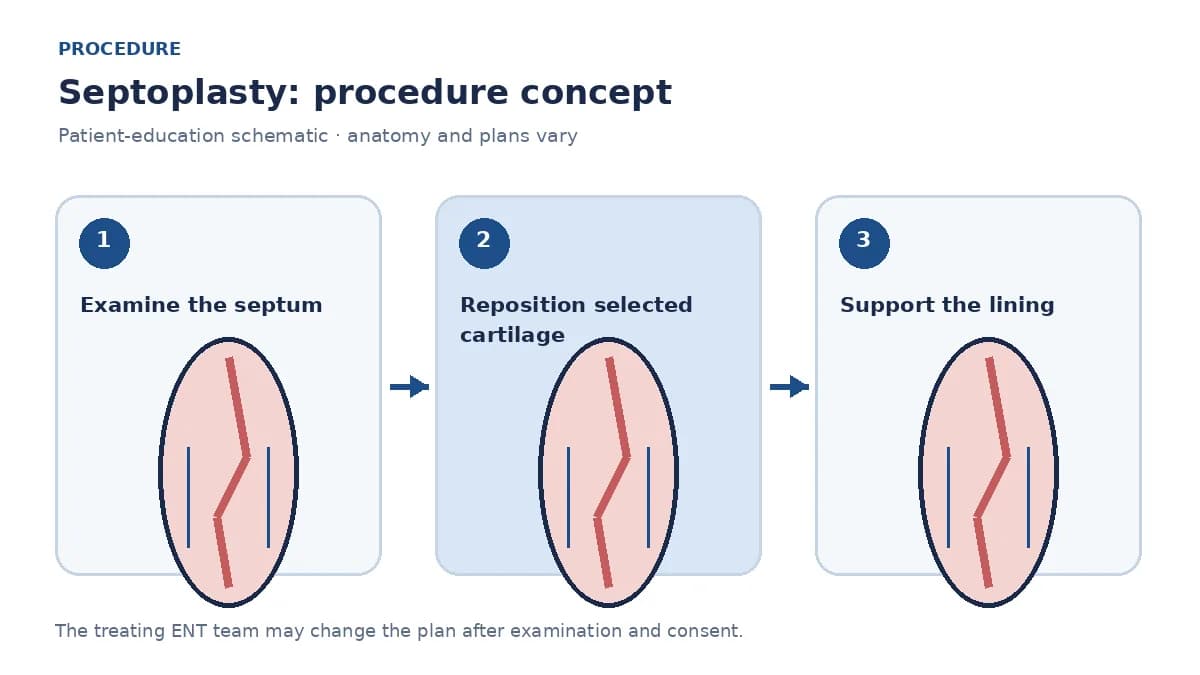 Clinical diagram of endonasal septoplasty repositioning septal cartilage beneath the mucosa