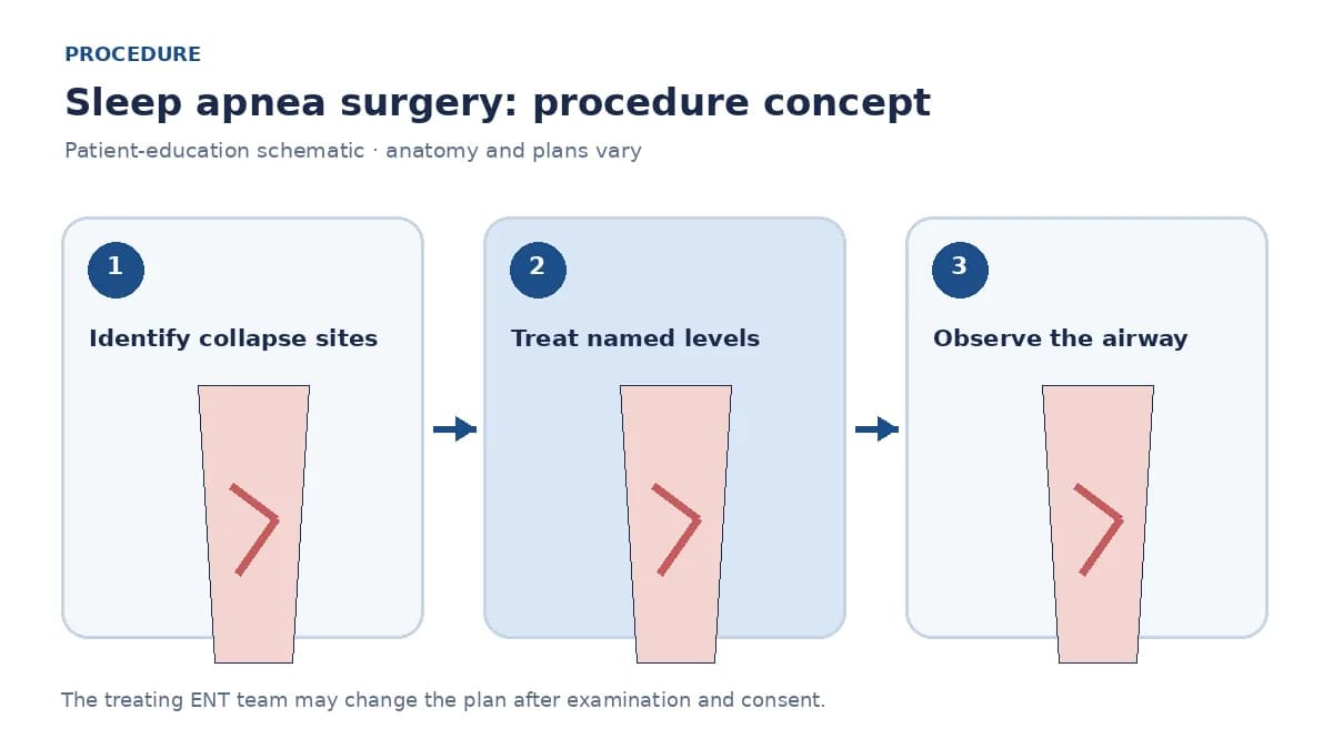 Clinical diagram of selected palatal or tongue-base surgery to enlarge the airway