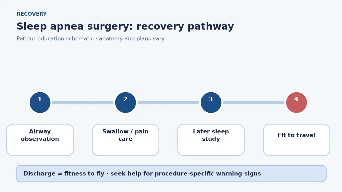 Sleep-apnea surgery recovery pathway showing airway observation, pain and swallow care and later sleep-study review