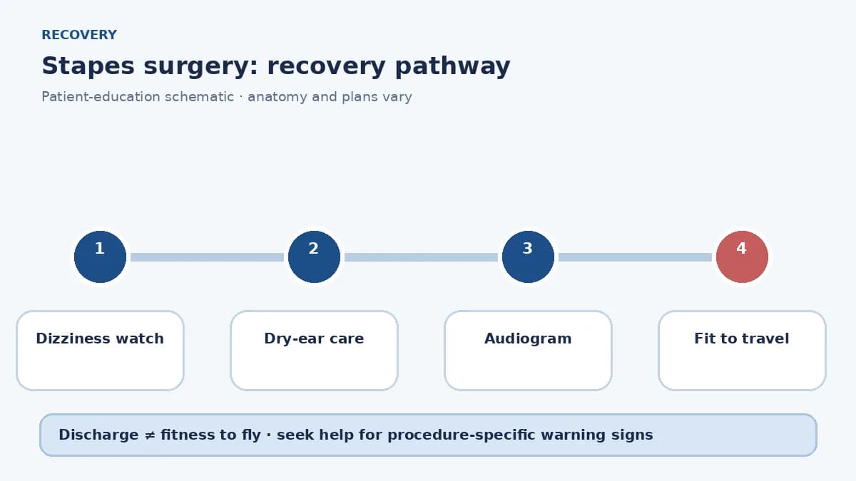 Stapes-surgery recovery pathway showing dizziness observation, dry-ear care, audiogram and travel clearance