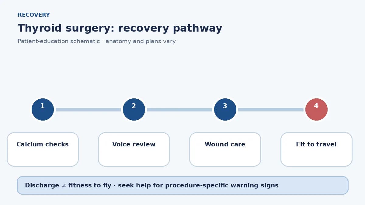 Thyroid-surgery recovery pathway showing calcium checks, voice review, wound care and travel clearance