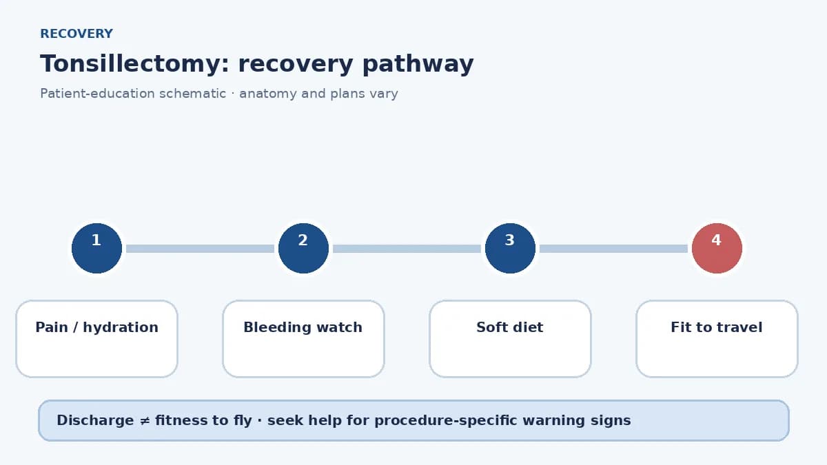 Tonsillectomy recovery pathway showing pain and hydration care, bleeding watch, diet advice and travel clearance