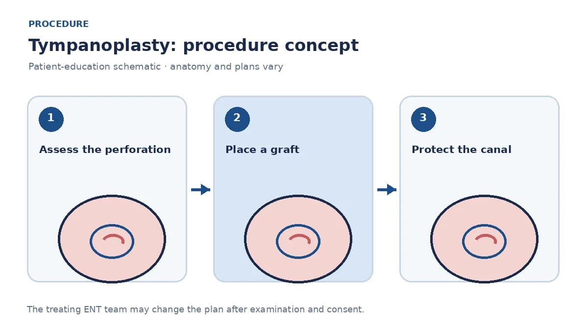Clinical diagram of a graft being placed to close an eardrum perforation during tympanoplasty