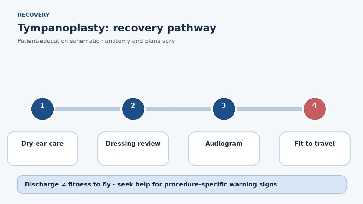 Tympanoplasty recovery pathway showing dry-ear care, dressing review, audiogram and travel clearance