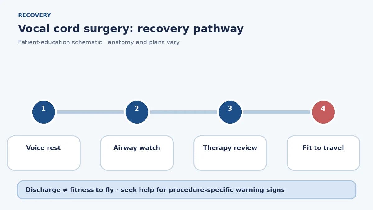 Vocal-cord surgery recovery pathway showing voice rest, therapy review, airway watch and travel clearance