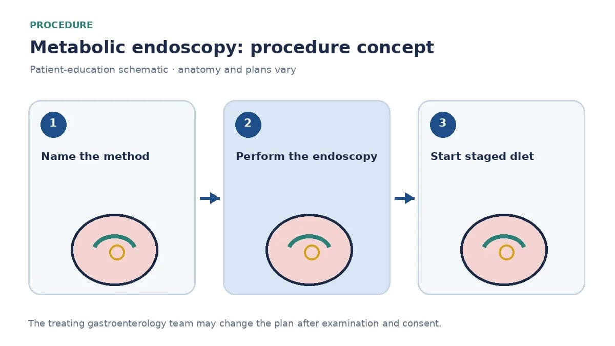 Clinical diagram of endoscopic suturing or balloon placement without naming a guaranteed result