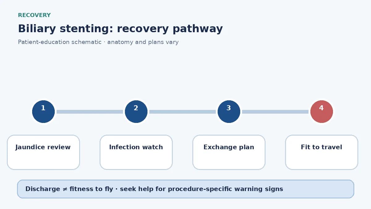 Biliary-stenting recovery pathway showing jaundice review, infection watch and exchange planning