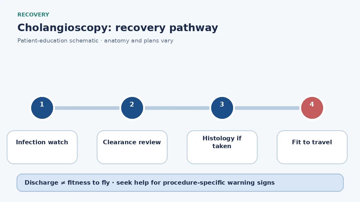 Cholangioscopy recovery pathway showing infection watch, clearance review and travel clearance