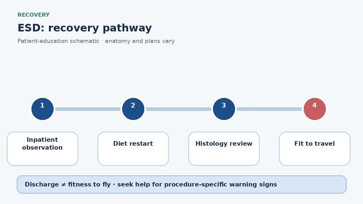 ESD recovery pathway showing inpatient observation, pathology review and travel clearance
