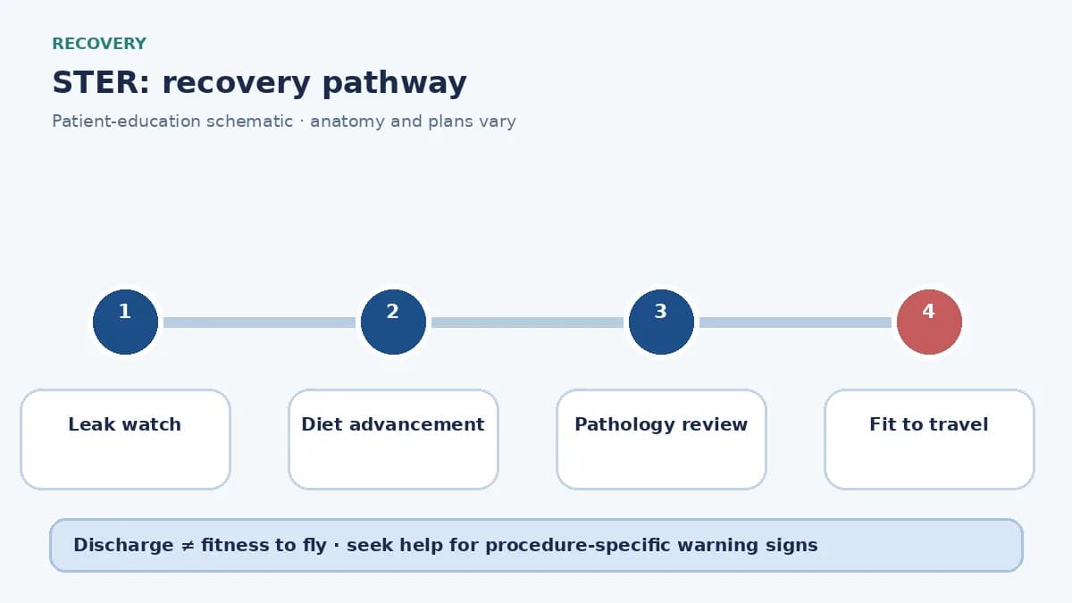 STER recovery pathway showing leak watch, diet advancement and pathology review